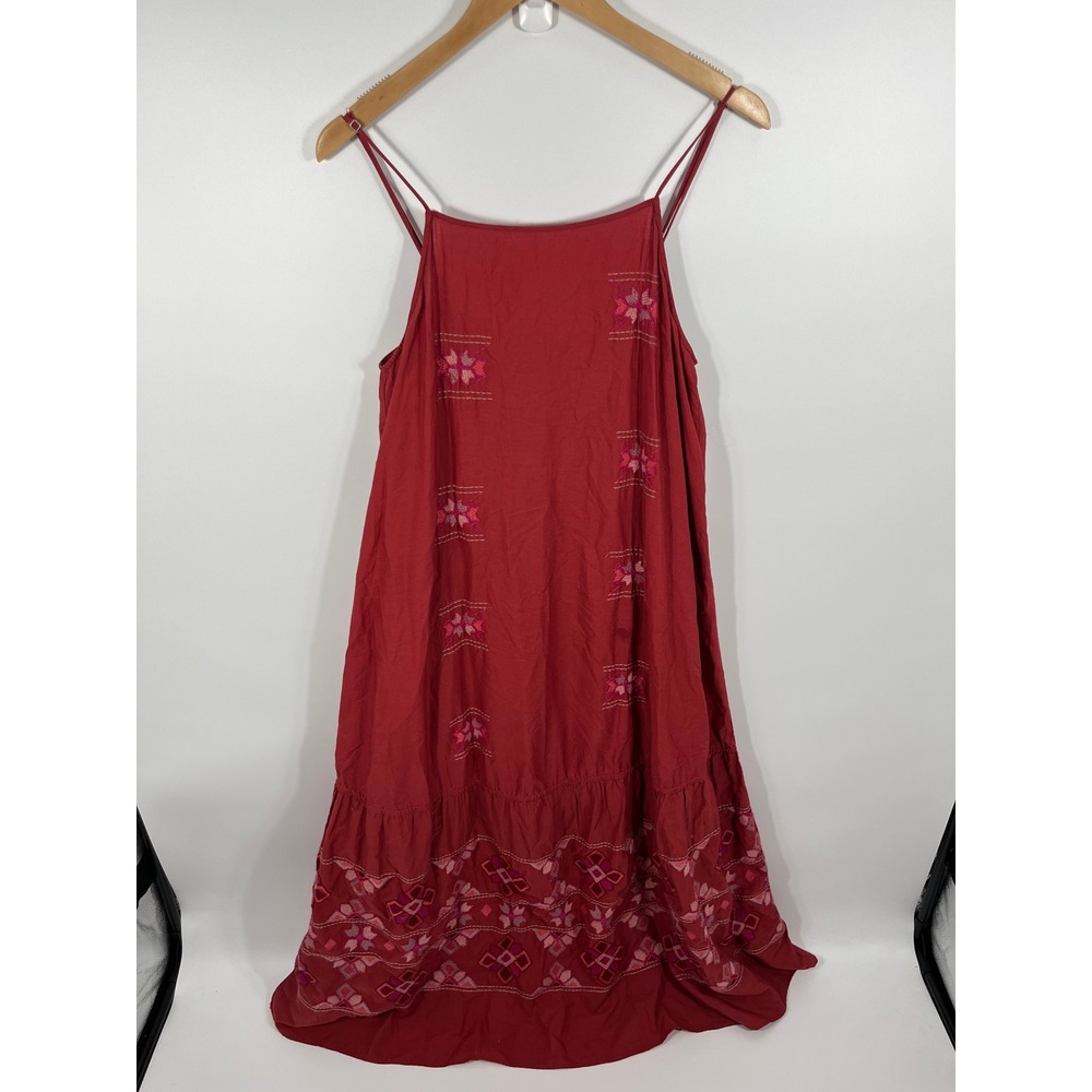 Zara Womens 100% Cotton Maxi Dress M Red Embroidered Southwestern Boho Coastal